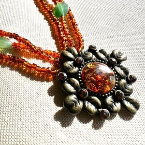 Boho Amber Tone Multi-Strand Beaded Statement Necklace Floral Pendant